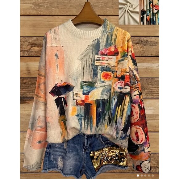 Artistic Multicolor Plus Size  XL Crew Neck Pullover Sweater With Paris Street S - Picture 1 of 5